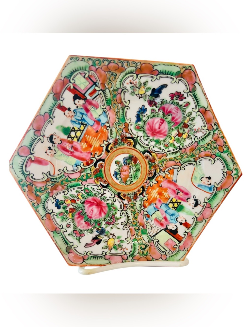 Antique Chinese Rose Medallion Hexagonal Porcelain Dessert Plate 7”